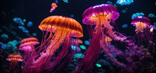 jelly fish in the aquarium. A mesmerizing neon jellyfish glows in the depths of a dark aquarium, its tendrils pulsing with vibrant colors