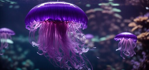 jelly fish in the aquarium. A mesmerizing purple jellyfish gracefully glows in a tranquil aquarium, its tentacles swaying in the gentle current 