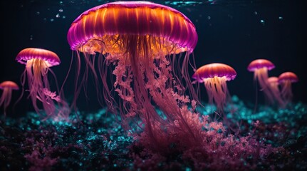 jelly fish in the aquarium.A neon jellyfish dances through the dark waters, its bioluminescent glow illuminating the surrounding sea creatures