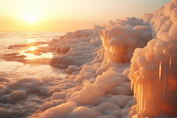 A group of ice formations on the shore of a body of water. This image can be used to depict the...