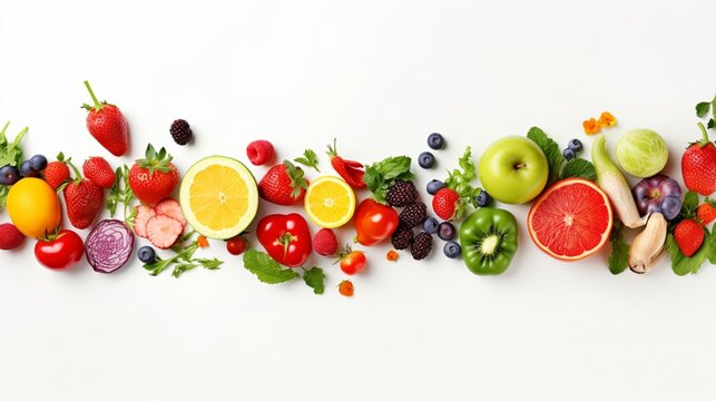 Healthy food background studio photography of different fruits and vegetables isolated on white background. Close up. Copy space
