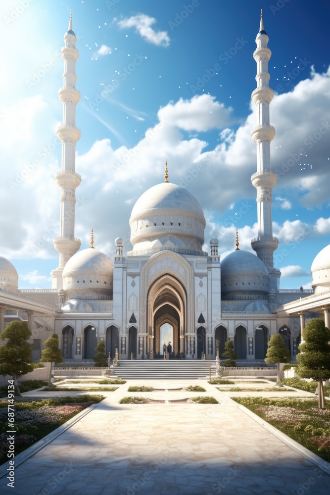 Poster A large white building featuring multiple domes. This versatile image can be used to depict architectural beauty, religious structures, cultural landmarks, or historical sites