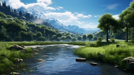 a valley surrounded by dense forests, its calm river reflecting the lush greenery against a pristine white backdrop, inviting viewers to immerse themselves in nature's embrace.