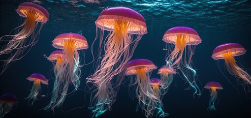 jelly fish in the aquarium.Dive into a mesmerizing world of light and color as a bioluminescent jellyfish illuminates the mysterious depths of the ocean