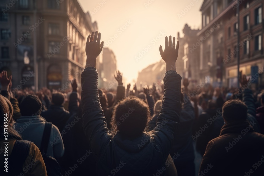 Aufkleber a lively gathering of people raising their hands in the air. perfect for capturing the energy and en
