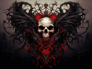 Gothic illustration featuring a heart adorned with wings and a skull. Perfect for adding a touch of mystery and romance, this digital artwork captivates with its eerie charm.