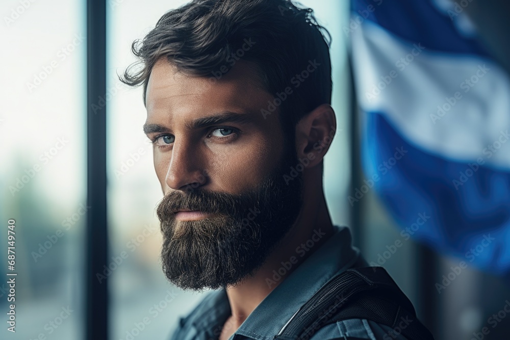 Poster A picture of a man with a beard wearing a leather jacket. This versatile image can be used for various purposes