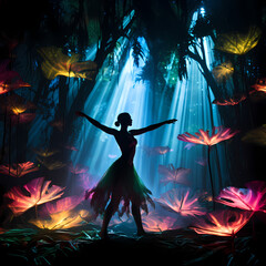 an ephemeral ballet featuring the neon glow of lights, abstract fireflies in a jungle setting with an oasis playing with shadows and light