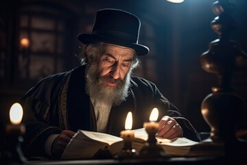 Obraz premium A man in a top hat is engrossed in a book. This image can be used to depict a sophisticated individual enjoying a quiet moment of reading