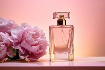 Transparent glass perfume bottle and beautiful peonies flowers on pink background. Women's perfume, eau de toilette, floral scent, mockup for branding