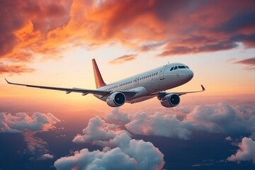 White passenger plane flies in the clouds against the backdrop of beautiful bright sunset. Air transport concept, transportation of people, travel, business - obrazy, fototapety, plakaty