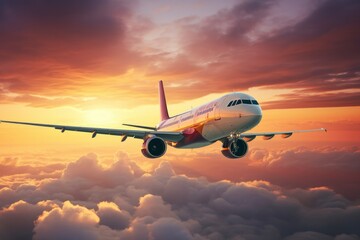Fototapeta na wymiar White passenger plane flies in the clouds against the backdrop of beautiful bright sunset. Air transport concept, transportation of people, travel, business