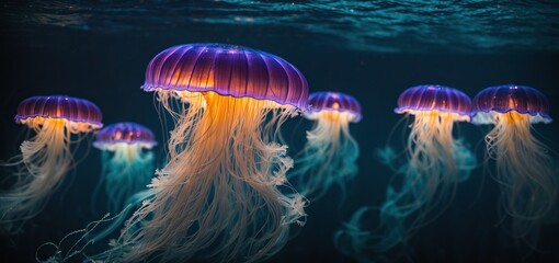 jelly fish in the aquarium.a bioluminescent jellyfish as it creates a dazzling display of light and...