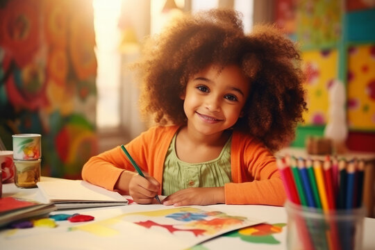 Cute curly child todler girl draws with colored pencils at the table in the children's room, in kindergarten, in developmental classes, art school. Happy kid doing creativity