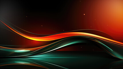 Modern abstract design with flowing orange and green waves on orange background.