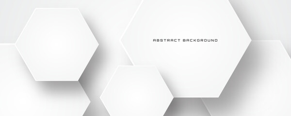 3D white geometric abstract background overlap layer on bright space with hexagonal shapes decoration. Minimalist graphic design element future style concept for banner, flyer, card, cover or brochure