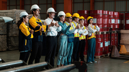 Confident and smiling lineup of factory worker, engineer, manager and foreman stand on-site within...