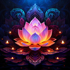 Fototapeta na wymiar an ephemeral symphony featuring the neon glow of lights, tribal motifs, abstract lotus elements with a whirlwind in a dreamscape playing with shadows and light