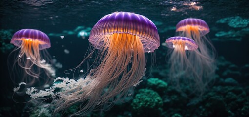 Fototapeta na wymiar jelly fish in the aquarium.a bioluminescent jellyfish illuminating a dark underwater scene