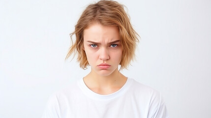 Unhappy woman face portrait on isolated background - ai generative