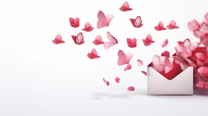 Love letters floating in the air surrounded by delicate rose petals on an isolated solid white background