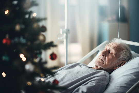 Generative AI image of ill patient lying in bed christmas and new year in hospital