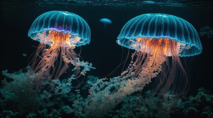 jelly fish in the aquarium.a bioluminescent jellyfish illuminating a dark underwater scene 