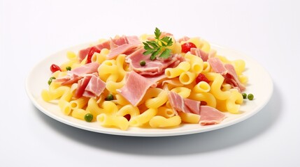 Pasta with ham and pepper on solid isolated white color background