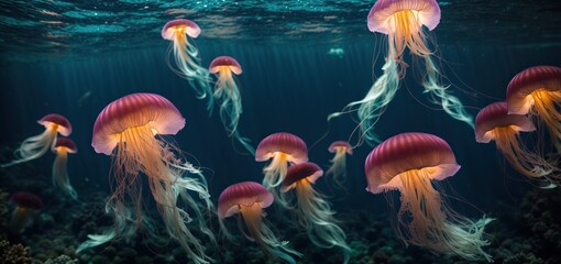 jelly fish in the aquarium.a bioluminescent jellyfish shines like a beacon in the inky depths