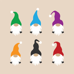 Christmas gnome, Scandinavian nordic gnome. Set of gnomes in hats of different colors on beige background. Vector
