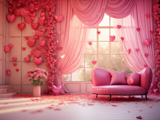 Romantic interior design featuring charming pink accents in a valentine room. The lovely atmosphere, enhanced by the soft pastel tones, adds an intimate touch, idea for a romantic and beautiful space.