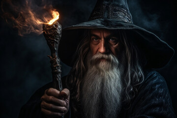 Fototapeta premium Fairytale sorcerer magician conducting rituals on halloween mysterious night generative ai