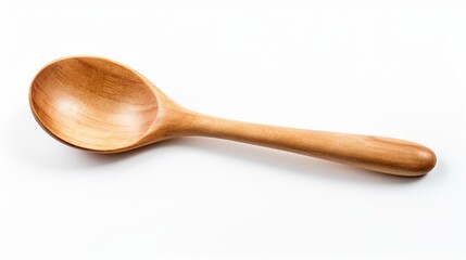 rustic wooden spoon on isolated white background, profile view.