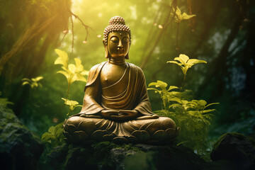 Glowing golden buddha in zen garden - obrazy, fototapety, plakaty