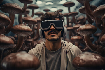 Youngster watching 3d object in virtual world fun cheerful vr glasses goggles generative ai