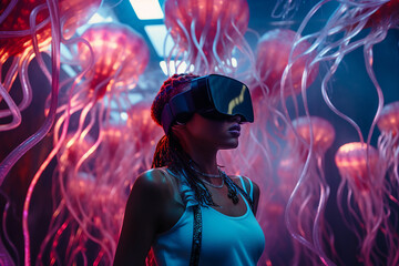 Youngster watching 3d object in virtual world fun cheerful vr glasses goggles generative ai