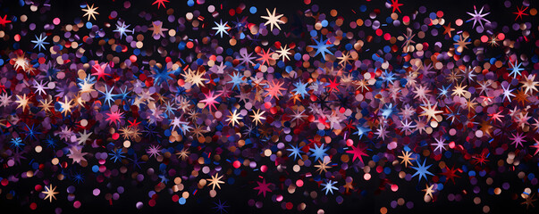 Obraz premium Bunte Konfetti mit dunklem Hintergrund, rot, blau, gold, silber, glitter, Konfettiregen