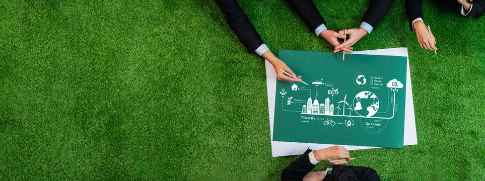 Top view ESG investment project with business leaders in meeting, brainstorm and invest in green project for environmental protection with sustainable net zero energy technology. Panoramic Reliance