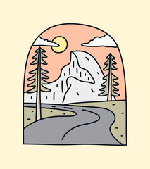 Half Dome Yosemite National Park mono line graphic illustration vector for t-shirt, badge, patch design