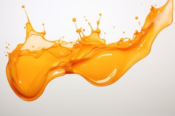 Orange liquid dense dark paint splash on white wall, high detail. Generative AI