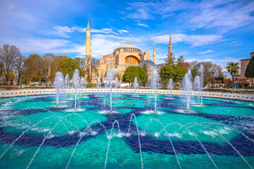 The Hagia Sophia Grand Mosque and fountain in Istanbul view