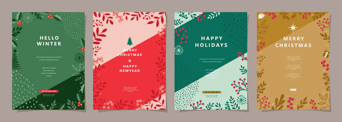Set of Merry Christmas and Happy New Year background. Greeting and invitation card, web banner, holiday cover, flyer, poster design templates. Modern flat vector illustration.