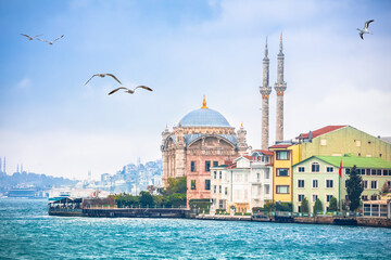 Ortakoy Mosque or Buyuk Mecidiye Camii and Bosphorus channel in Istanbul view