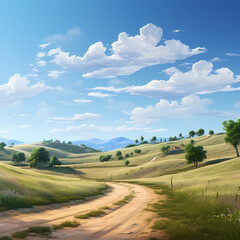 a calm countryside scene with a dirt road and rolling hills