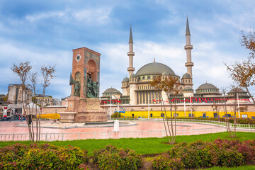 Taksim square in Istanbul mosque and street view - obrazy, fototapety, plakaty