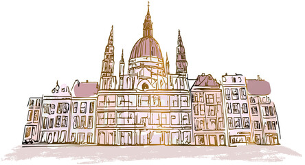 Obraz premium Traditional European architecture in pastel colors, magnificent perspective drawing, hand drawn watercolor feel, illustration