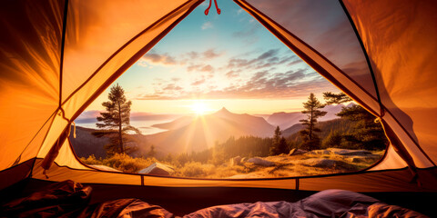 inside tent view to the mountains landscape at sunset. nature adventure - obrazy, fototapety, plakaty