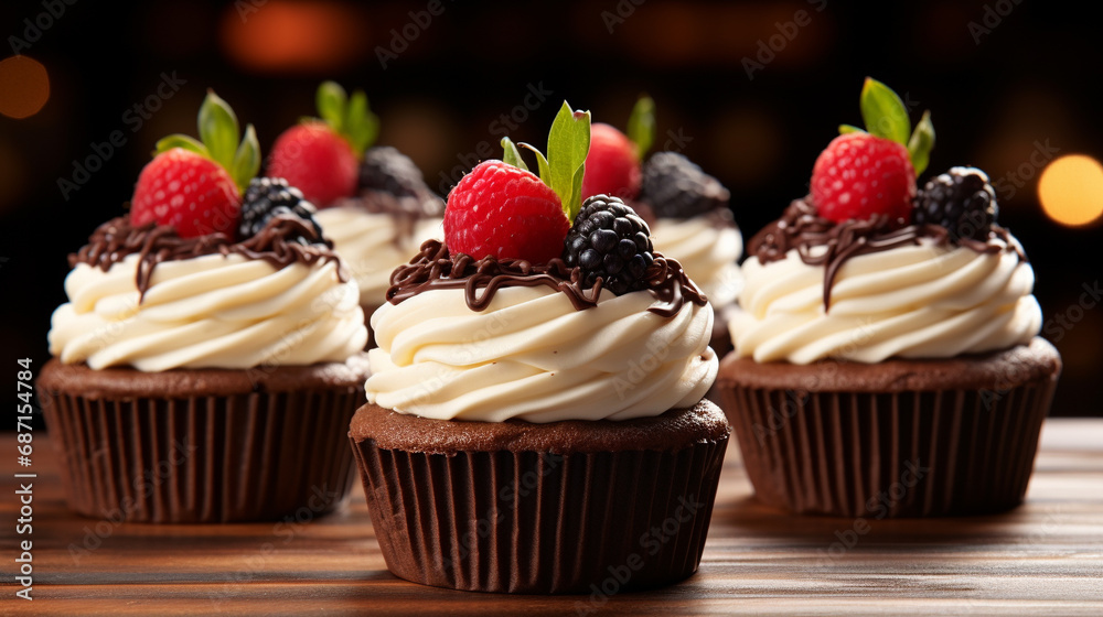 Poster cupcake with chocolate frosting hd 8k wallpaper stock photographic image