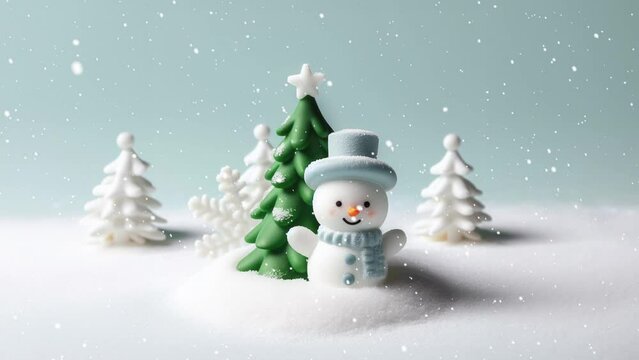 Winter holiday background. Snowman with hat and scarf. snowy landscape in the forest 4K loop. Little snowman and Christmas tree on the snow with Christmas decoration and lightning in the winter.