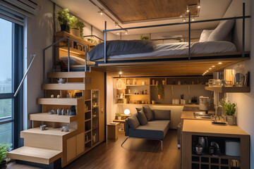 A compact studio apartment with space-saving furniture and multifunctional design, Space-saving apartment interior